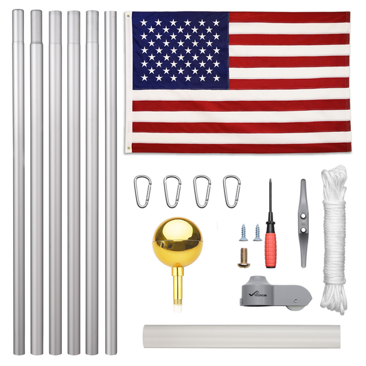 Silver Pulley Flag Pole Kit w/ Gold Finial
