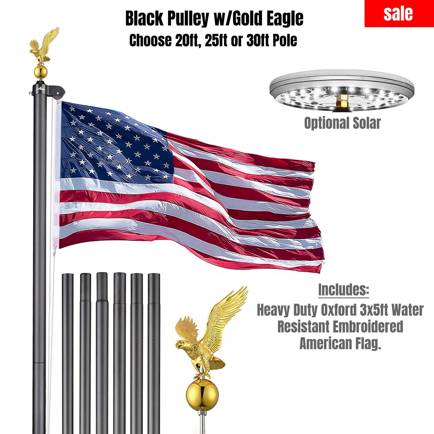 Black Pulley Flag Pole Kit w/ Gold Eagle