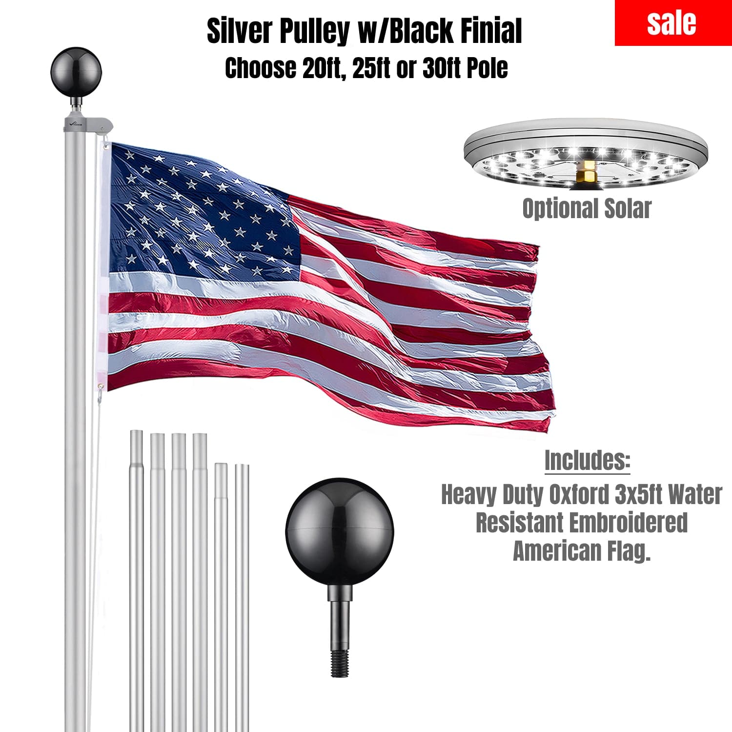 Silver Pulley Flag Pole Kit w/ Black Finial