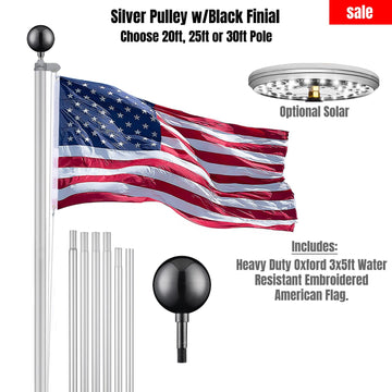 Silver Pulley Flag Pole Kit w/ Black Finial