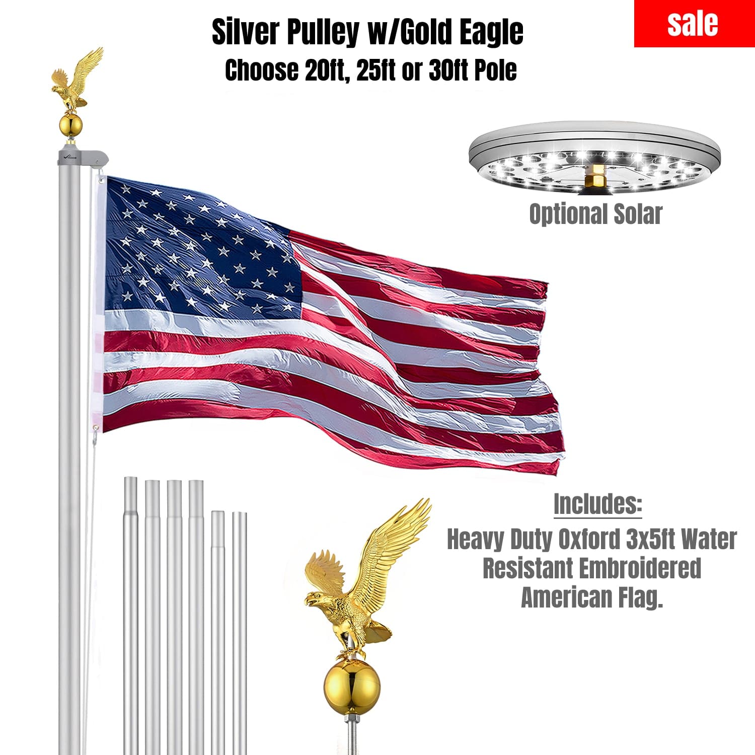 Silver Pulley Flag Pole Kit w/ Gold Eagle