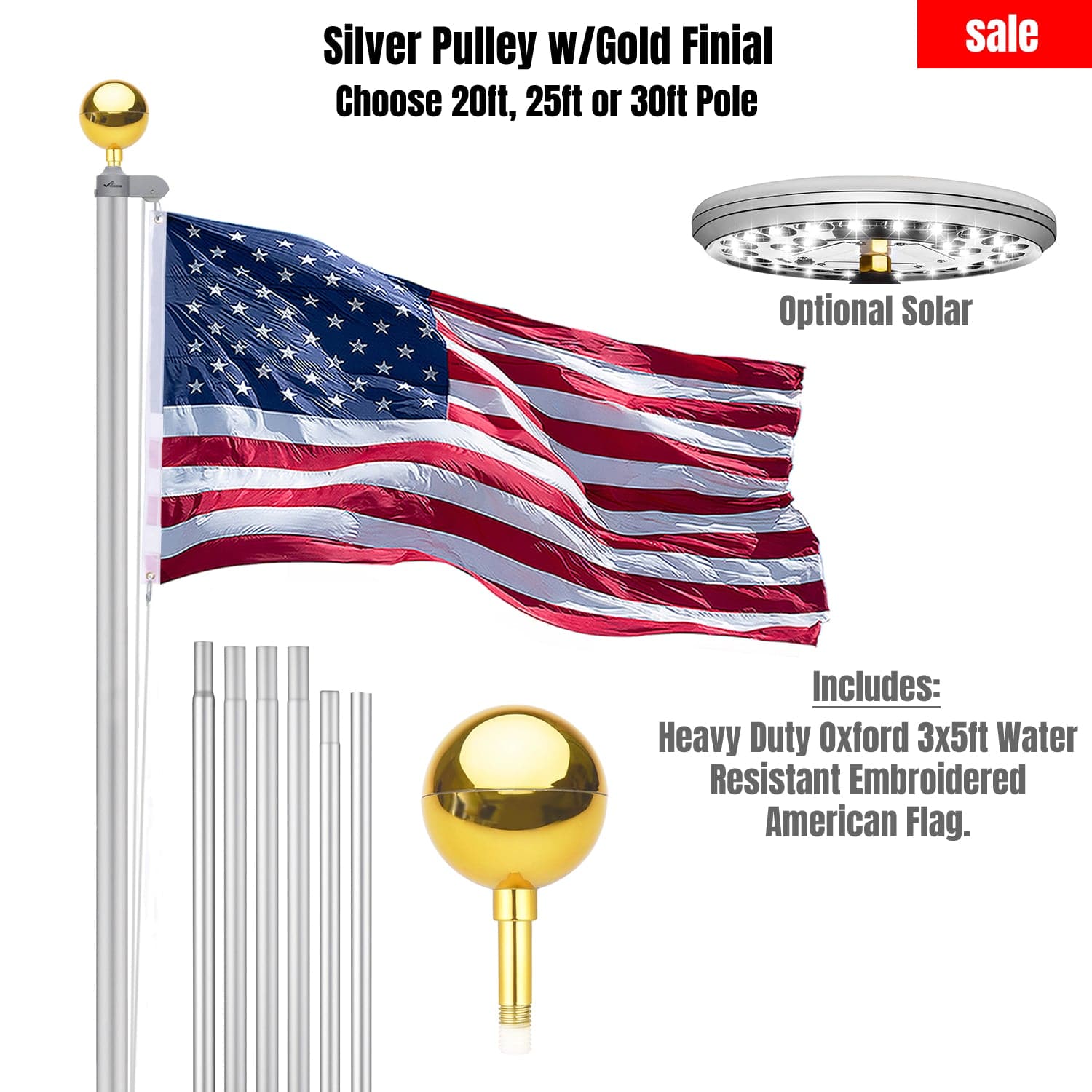 Silver Pulley Flag Pole Kit w/ Gold Finial