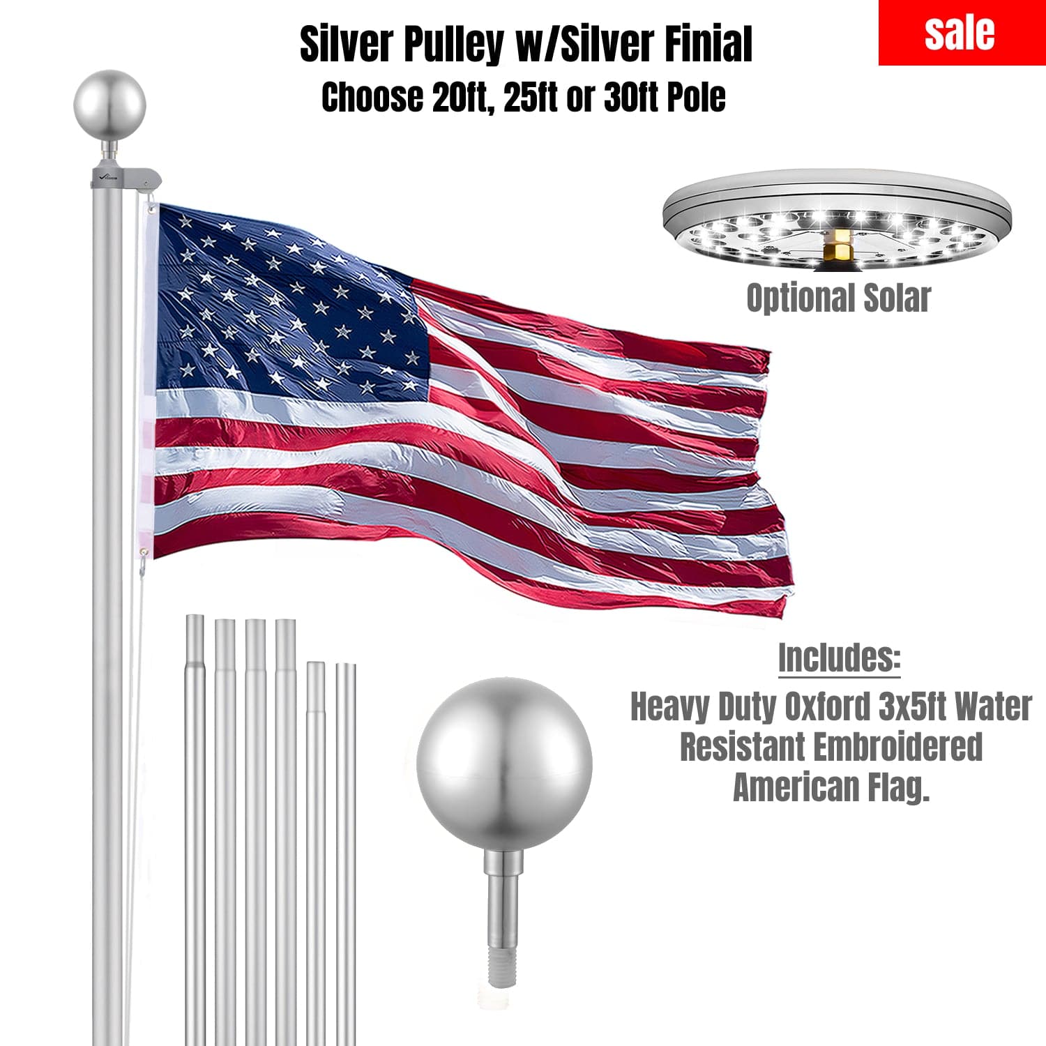 Silver Pulley Flag Pole Kit w/ Silver Finial
