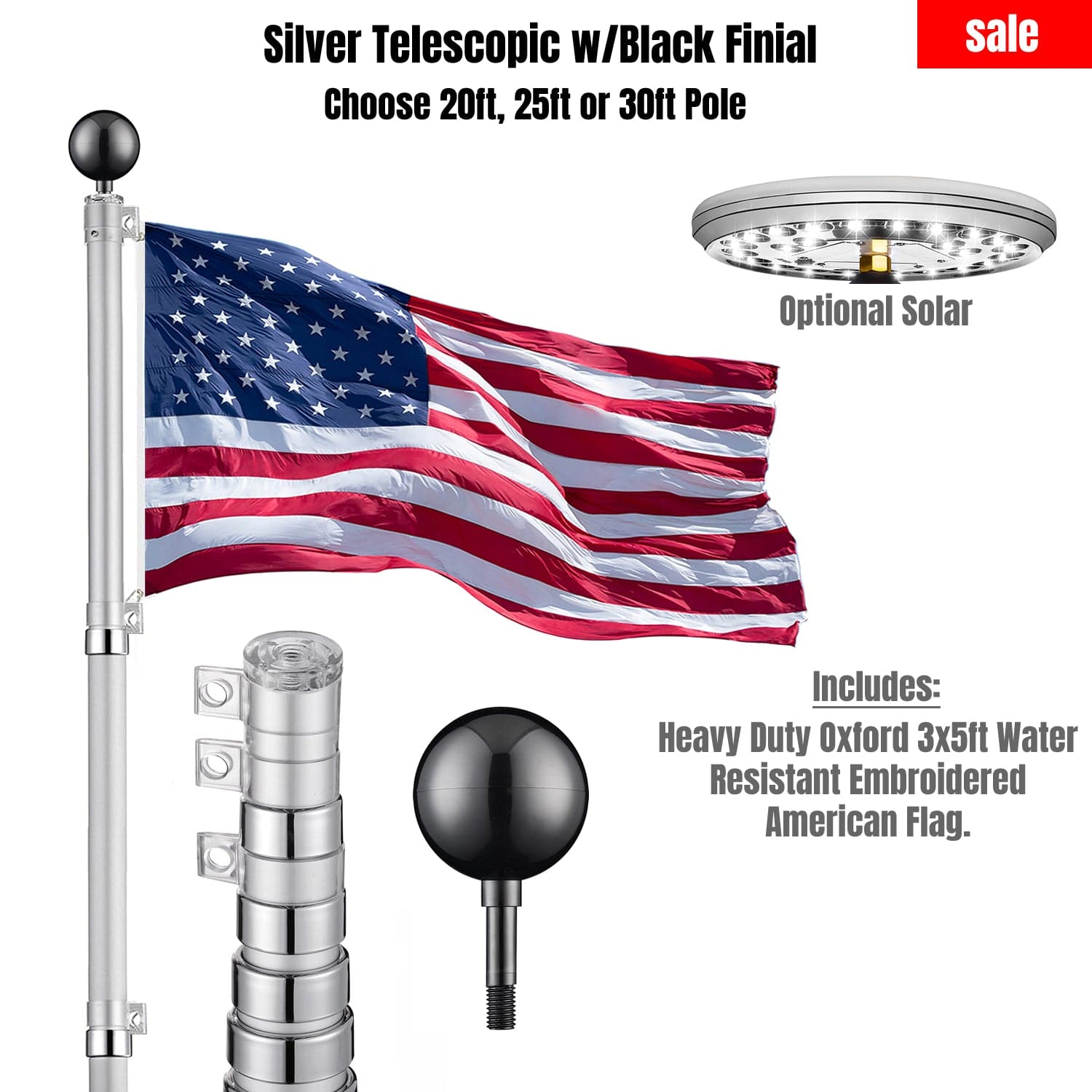Silver Telescopic Flag Pole Kit w/ Black Finial