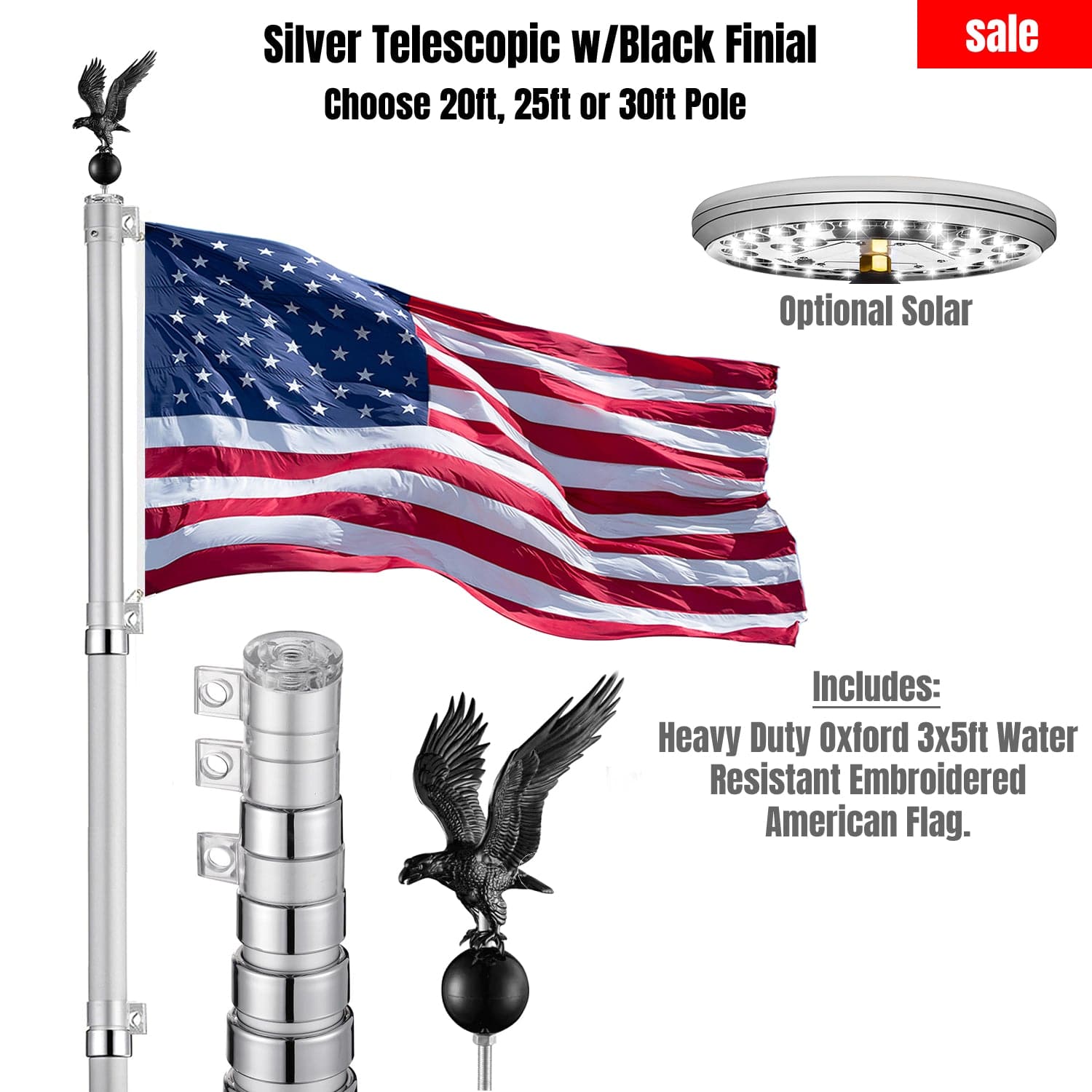 Silver Telescopic Flag Pole Kit w/ Black Eagle