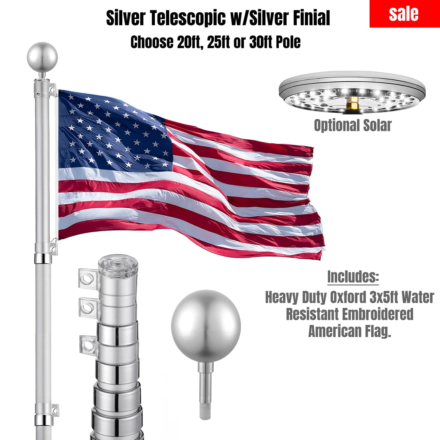 Silver Telescopic Flag Pole Kit w/ Silver Finial